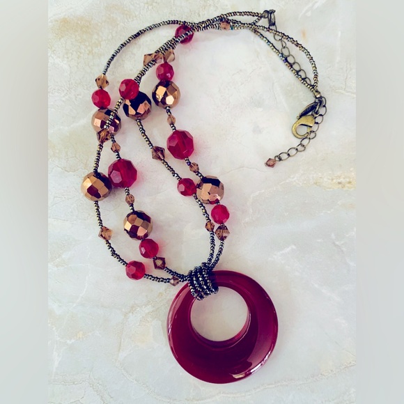 Lia Sophia Red and Gold Necklace with Striking Glass Circle Pendant - Picture 2 of 5